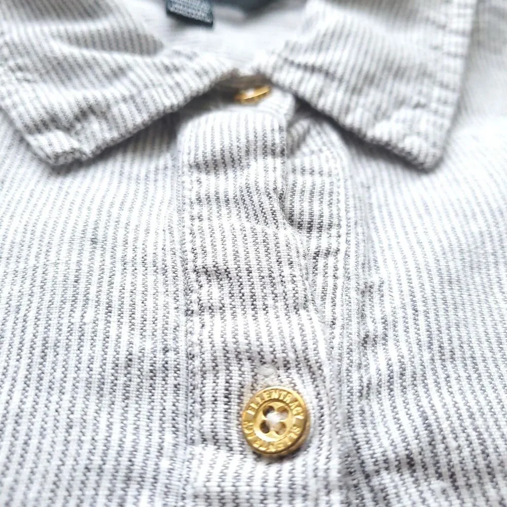 Ellen Tracy 100% Linen Popover Top Womens M Adjustable Sleeve Thin Striped
